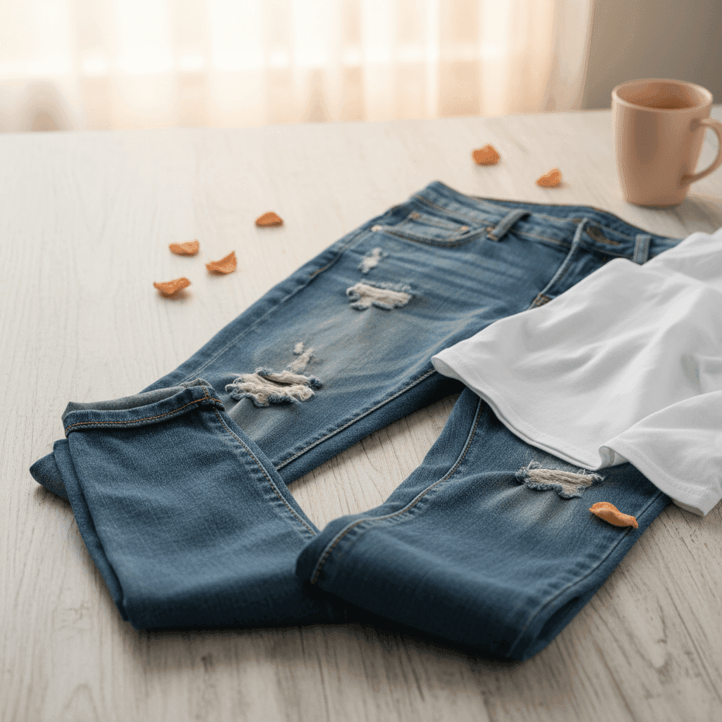 Distressed Mid-Wash Denim